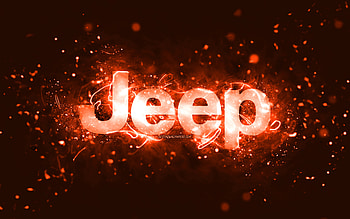 Jeep orange logo, , orange neon lights, creative, orange abstract background, Jeep logo, cars brands, Jeep HD wallpaper