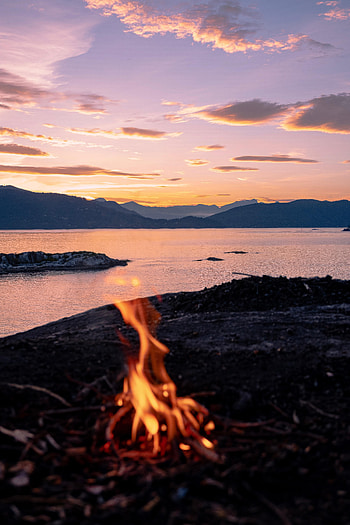 Sunset, Mountains, Sea, Fire, Bonfire, Miscellanea, Miscellaneous, Campsite, Camping HD phone wallpaper