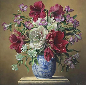 Radiant Beauty, table, painting, marble, amaryllis, flowers, blue vase, arrangement, deep red HD wallpaper