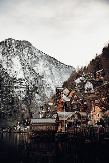 Nature, Houses, Mountains, Snow, On The River Bank HD phone wallpaper