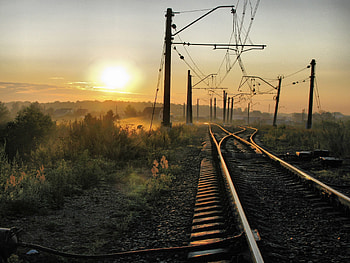 Rails, Nature, Path, Evening, Railway, Posts, Pillars, Wire, Wires, Way, Sleepers HD wallpaper
