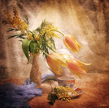 Tulips and tea cup, table, blue material, soft colors, vase, tea cup, coral and yellow, tulips HD wallpaper