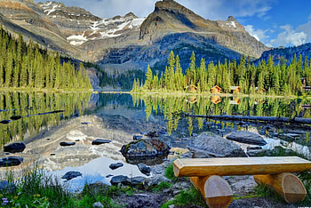 Landscape with mountain and lake, bench, Canada, Yoho, landscape, beautiful, rocks, serenity, tranquil, mountain, lake, national park, rest, reflection, cliffs, trees HD wallpaper
