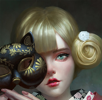 :-), frumusete, mask, blonde, girl, cat, pisica, fantasy, face, luminos, jinlong bai HD wallpaper