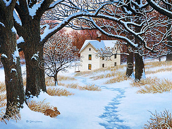 Off the Beaten Path, snow, winter, painting, house, trees, steps, people HD wallpaper