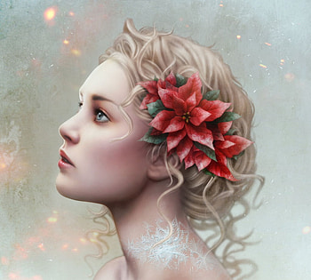Poinsettia, blonde, art, craciun, cris ortega, girl, fantasy, red, flower, christmas, face HD wallpaper