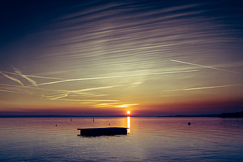 Sunset, lake, clean sky, boat HD wallpaper