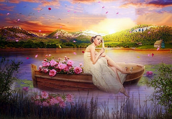 Summer Lake, boat, emotional, attractions in dreams, weird things people wear, digital art, woman, creative pre-made, summer, love four seasons, lakes, fantasy, manipulation, flowers HD wallpaper