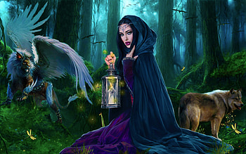 Lady of the Woods, art, fantasy, lantern, girl, wolf, forest, woman, , beautiful, digital HD wallpaper
