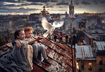 Little Boy And Girl Pigeon Roof , children, pigeon, graphy, little-boy, little-girl, cute HD wallpaper