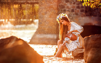 Beauty, river, light, girl, amphora, water HD wallpaper