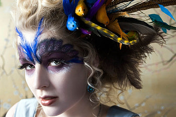 Birds of a Feather, blue, feathered birds, birds, model, feathers, blonde, eyes, girl, earring, orange, woman, purple, make up, four, yellow, female HD wallpaper