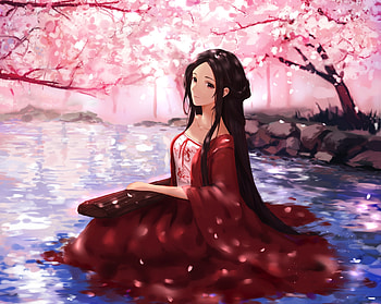 Cute, anime girl, cherry flowers, music, play HD wallpaper