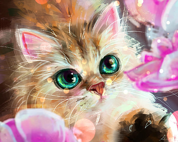 Cat, polina cheliadinova, 1nfin1ty, frumusete, art, eyes, view from the top, pink, pisici, flower, green, face, luminos HD wallpaper
