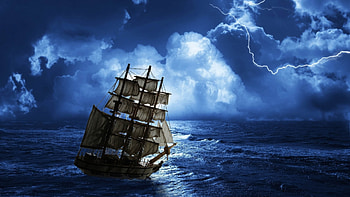 Caravela sailing at night towards the storm, blue, night, black, awesome, reflections, nice, 1920x1080, boats, amazing, ocean, caravela, sea, beautiful, lightning, cool, clouds, sail, sky, storm HD wallpaper