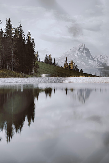 Nature, Trees, Mountains, Clouds, Lake, Slope HD phone wallpaper