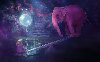 :), elephant, balloon, girl, copil, child, night, marialucia, pink, moon, fantasy, maria lucia HD wallpaper