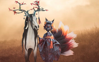 Black kitsune collaboration, Enchanteriumakino creation, Bilbili video platform, Beautiful mythical creature HD wallpaper