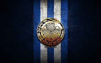 Mito HollyHock FC, golden logo, J2 League, blue metal background, football, japanese football club, Mito HollyHock logo, Mito HollyHock HD wallpaper