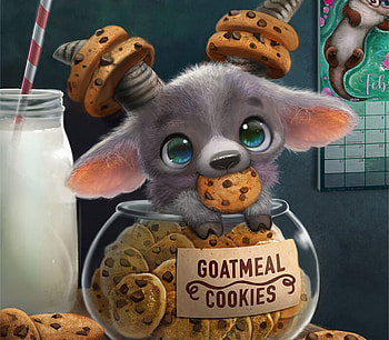Goatmeal cookies, jar, horns, fantasy, art, cute, piper thibodeau, cookie, goat HD wallpaper