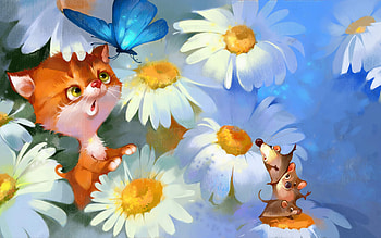 :), vara, blue, white, art, cute, cat, summer, fantasy, pisici, mouse, yellow, flower, daisy HD wallpaper