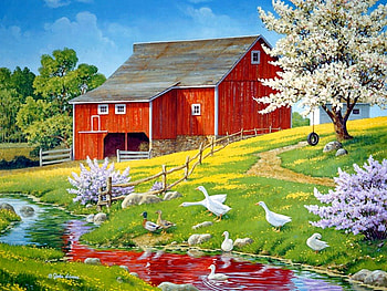 Spring visitors, river, colorful, creek, peaceful, goose, spring, serenity, nice, eautiful, quiet, shore, visitors, painting, blossoms, fence, trees, barn, art, slope, house, farm, grass, ducks, pretty, blooming, nature, cottage, lovely, calmness, village, countryside HD wallpaper
