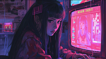 Sad Lofi Girl - Neon Melancholy, sad lofi girl, cyberpunk, Digital Art, girl, Retro Games HD wallpaper