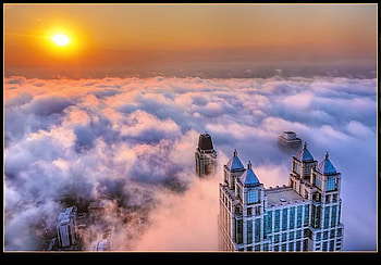 Touching the heavens, skyscrapers, golden sky, clouds, mists, sunset HD wallpaper