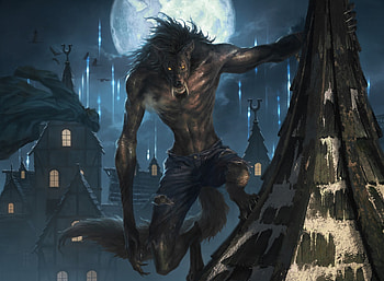 Stalking predator, werewolf, lie setiawan, luna, forest, dark, night, blue, wolf, halloween, moon, fantasy HD wallpaper