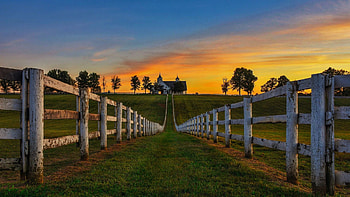 Homewards Road, fence, house, colors, fields, trees, sky, sunset HD wallpaper