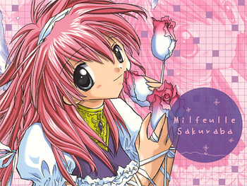 Milfeulle Sakuraba, tiles, angel wings, dress, pink, anime, pretty, galaxy angel, flowers HD wallpaper