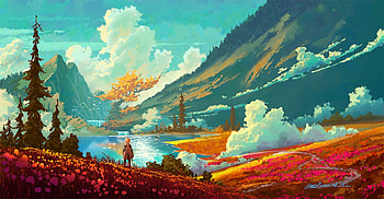 Landscape, blue, kael, art, fantasy, red, water, cloud HD wallpaper