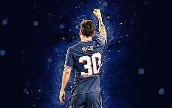 Lionel Messi PSG, back view, Paris Saint-Germain, blue neon lights, argentinian footballers, Leo Messi, football, Messi, PSG, soccer, Ligue 1, football stars, Lionel Messi , Lionel Messi Paris Saint-Germain HD wallpaper