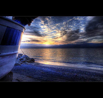 Peaceful Place, relaxing, blue, boat, colorful, sand, crystal, place, peaceful, beauty, beach, waves, organge, ocean, sunset, sea, beautiful, rocks, summer, yellow, clouds, sky, peace, clear HD wallpaper