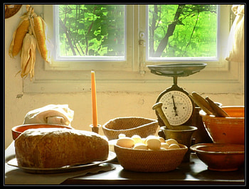 Kitchen, flour, egg, tablet, window, candle, clock, bread HD wallpaper