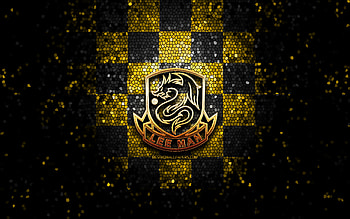 Lee Man FC, glitter logo, Hong Kong Premier League, yellow black checkered background, soccer, Hong Kong football club, Lee Man FC logo, mosaic art, Lee Man Warriors, football HD wallpaper