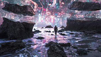 Rocks, fantasy, outdoor, futuristic city, cityscape, art HD wallpaper