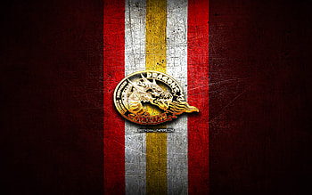 Catalans Dragons, golden logo, SLE, red metal background, english rugby club, Catalans Dragons logo, rugby HD wallpaper
