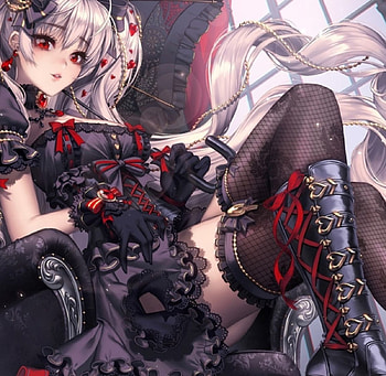 Lollita, black, sofa, cute, long hair, dress, beauty, lady, twintails, female, sweet, white, window, art, girl, beautiful, dark, woman, anime girl, anime, pretty, red, lovely, hair, boots HD wallpaper