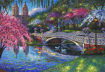 Bow Bridge Blossoms, Central Park - Robert Finale, artwork, painting, new york, trees, flowers, water, usa HD wallpaper