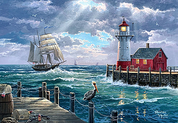 Coming Home, sea, artwork, lighthouse, ship, painting, coast, clouds, sky HD wallpaper