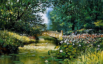 Park Bridge F2, artwork, bench, scenery, painting, art, landscape, bridge, park HD wallpaper