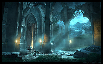 REFUGIUM 1, building, blue light, pillars, broken stone HD wallpaper