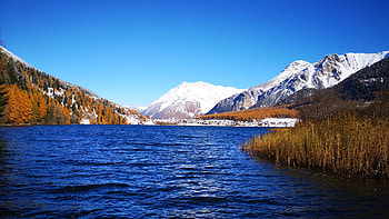 Lake Haidersee, South Tyrol, Italy, snow, landscape, trees, autumn, colors, sky, mountains HD wallpaper