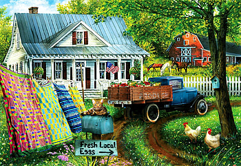 Countryside Living, artwork, barn, painting, quilts, house, trees, truck, countryside HD wallpaper