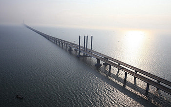 Landscape, Cities, Water, Rivers, Sky, Sun, Reflection, Ripples, Ripple, China, Shandong Province, Jiaozhou Bay, Qingdao City, City Of Tsingtao, Qingdao Bridge, Tsingtao Bridge, Longest Bridge HD wallpaper