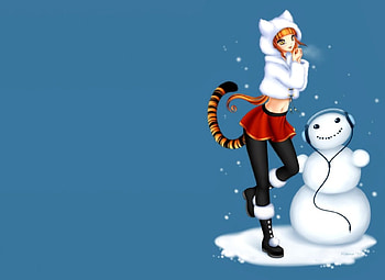 Neko n SnowMan, winter, cute, beauty, nice, snow, hood, , adorable, female, plain, sexy, sweet, hot, girl, beautiful, tail, kawaii, snowman, anime girl, simple, neko, anime, pretty, lovely, head HD wallpaper