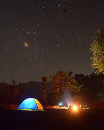 Outdoor camping under a starry night sky with a glowing tent and campfire. HD phone wallpaper