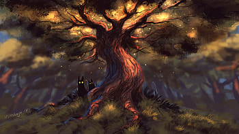 Art, Dark, Wood, Forest, Tree, Eyes, Creatures, Fairy, Fabulous HD wallpaper