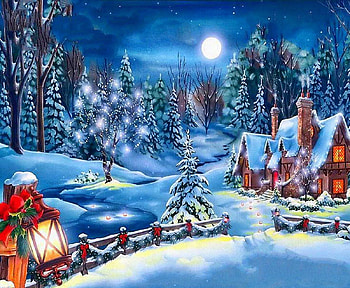 Christmas Lights, artwork, moon, snow, fence, trees, cottage, lantern, evening HD wallpaper